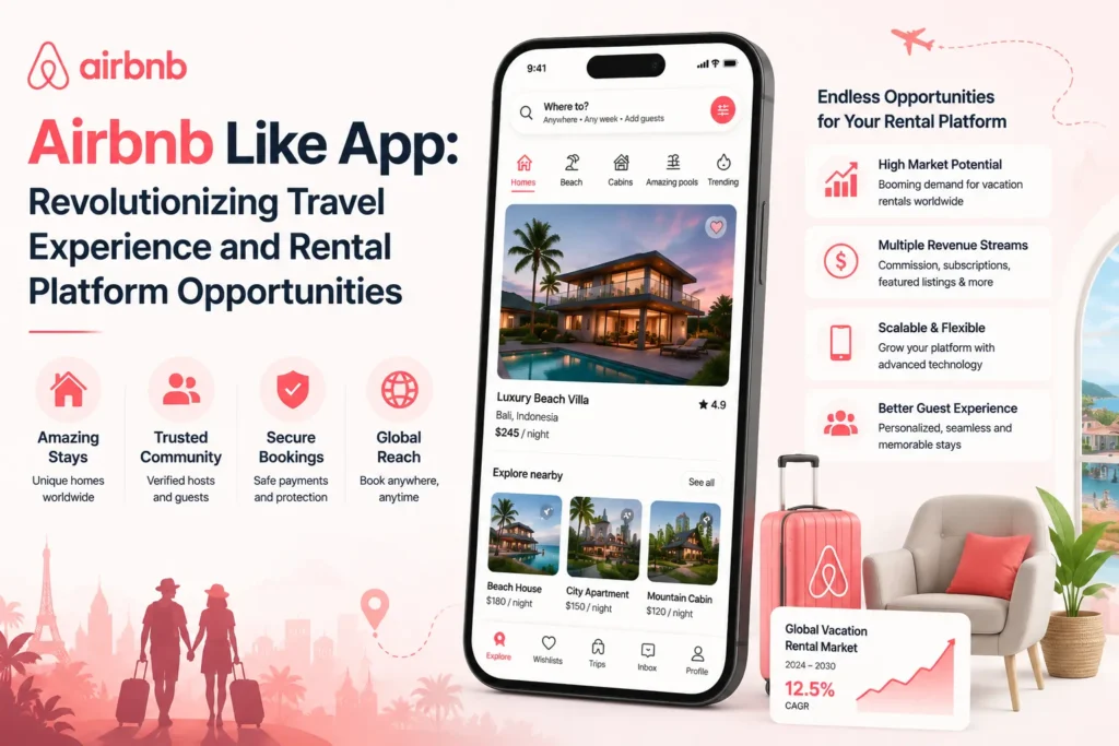 Airbnb Like App: Revolutionizing Travel Experience and Rental Platform Opportunities,โ showing a vacation rental mobile app, luxury property listings, global travel routes, secure bookings, trusted community features, revenue opportunities, and scalable platform growth.