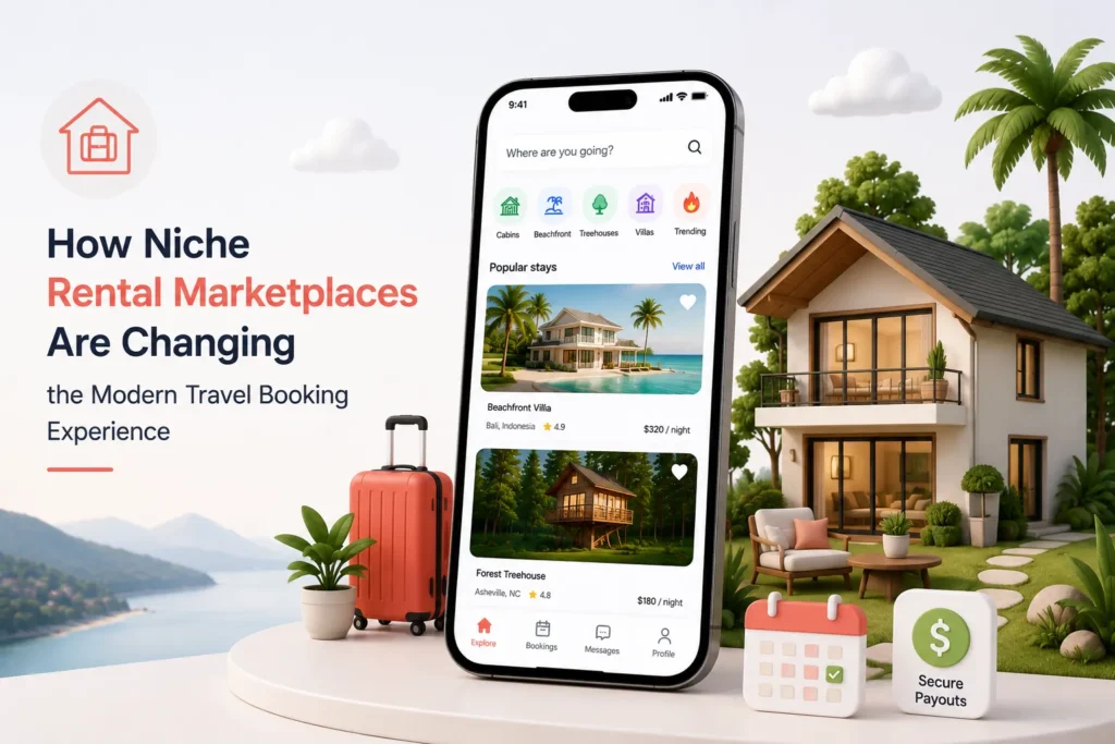 Niche rental marketplace changing the modern travel booking experience with focused stays, property discovery, bookings, calendars, and secure payouts