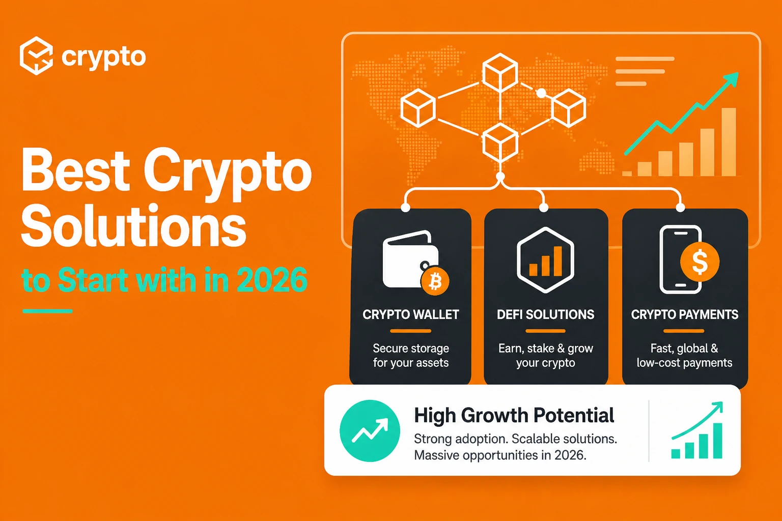 Best crypto solutions in 2026 showing crypto wallet, DeFi platforms, and crypto payment systems with high growth potential