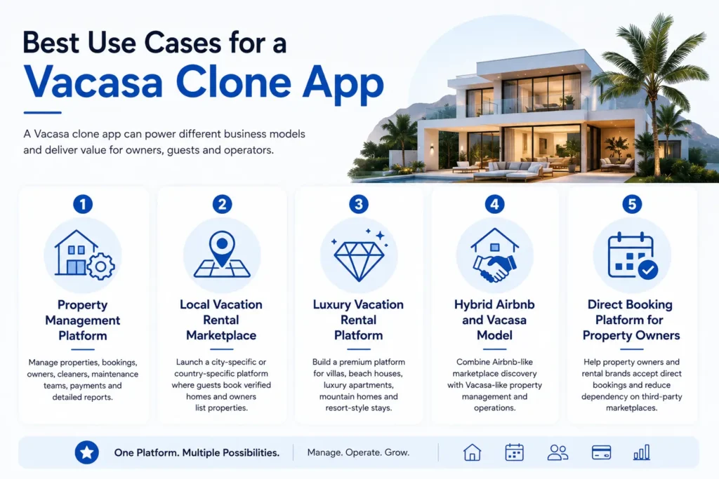 Vacasa Clone App Guide for Home Vacation Rental Startups 2 Vector infographic showing five use cases for a Vacasa clone app with vacation rental business model icons and a luxury villa illustration.