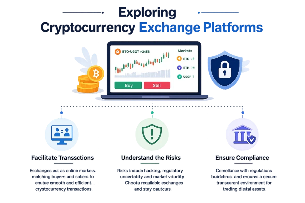 Cryptocurrency exchange platforms overview showing trading interface, buy sell options, transaction facilitation, risk management, and compliance features
