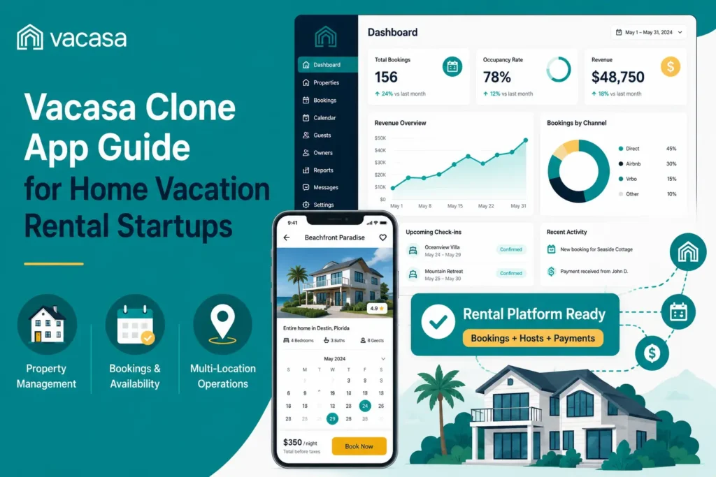 Vacasa Clone App Dashboard showcasing property management, bookings, and revenue for vacation rental startups.
