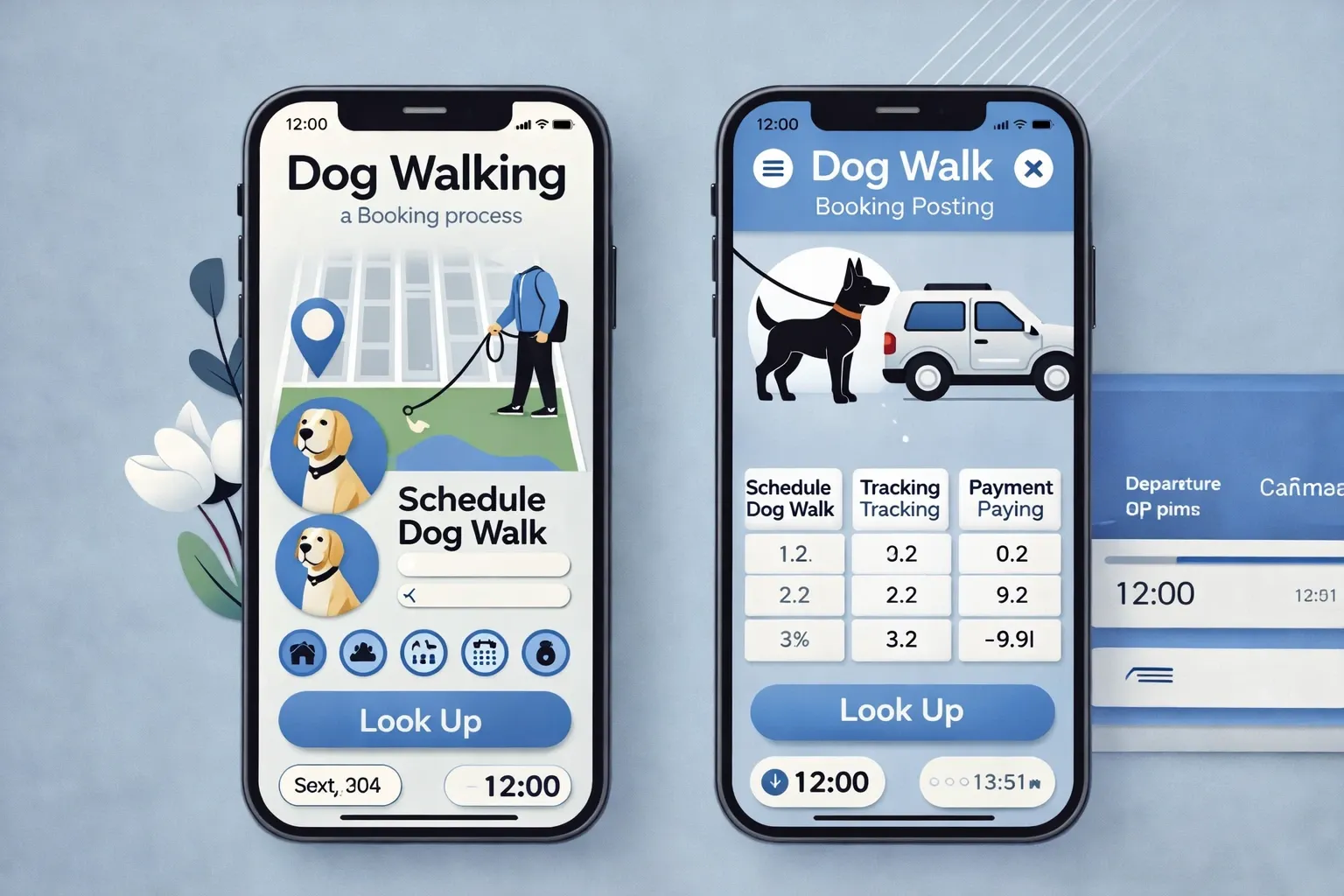 Dog walking app interface showing booking process, schedule walk, tracking, and payment features on mobile