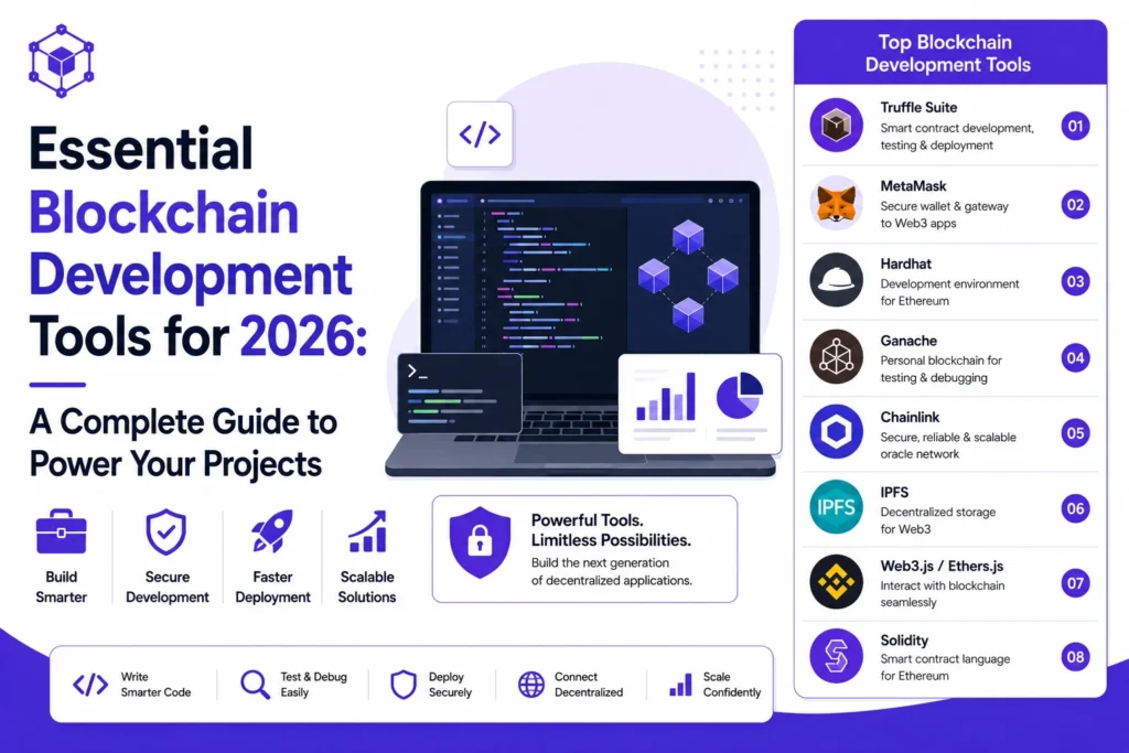 Essential blockchain development tools for 2026 including Truffle, MetaMask, Hardhat, Ganache, Chainlink, IPFS, Web3.js, Ethers.js, and Solidity
