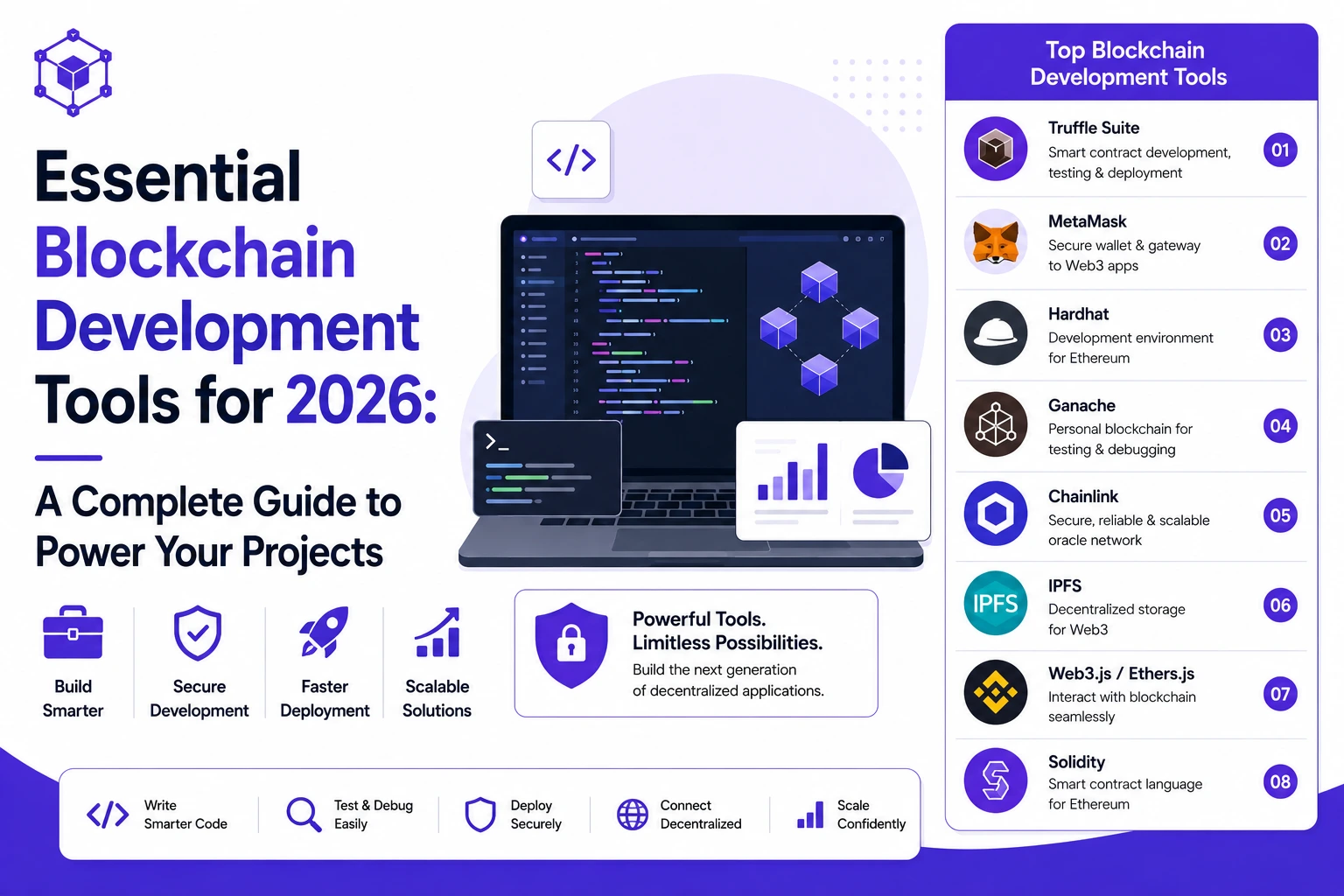 Essential blockchain development tools for 2026 including Truffle, MetaMask, Hardhat, Ganache, Chainlink, IPFS, Web3.js, Ethers.js, and Solidity