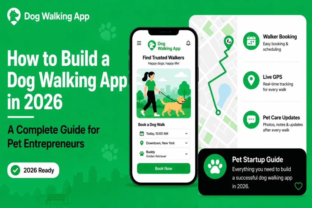 Dog walking app development visual showing walker booking, live GPS tracking, pet care updates, dog walk scheduling, and pet startup guide for 2026.