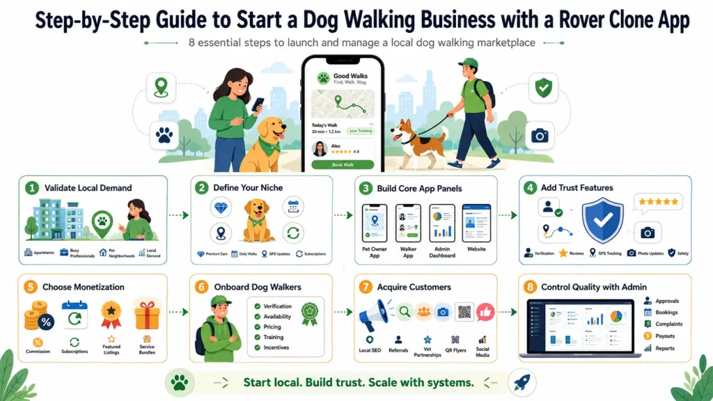 Step-by-step dog walking business guide showing Rover clone app workflow with local demand validation, niche selection, app panels, trust features, monetization, walker onboarding, customer acquisition, and admin control.