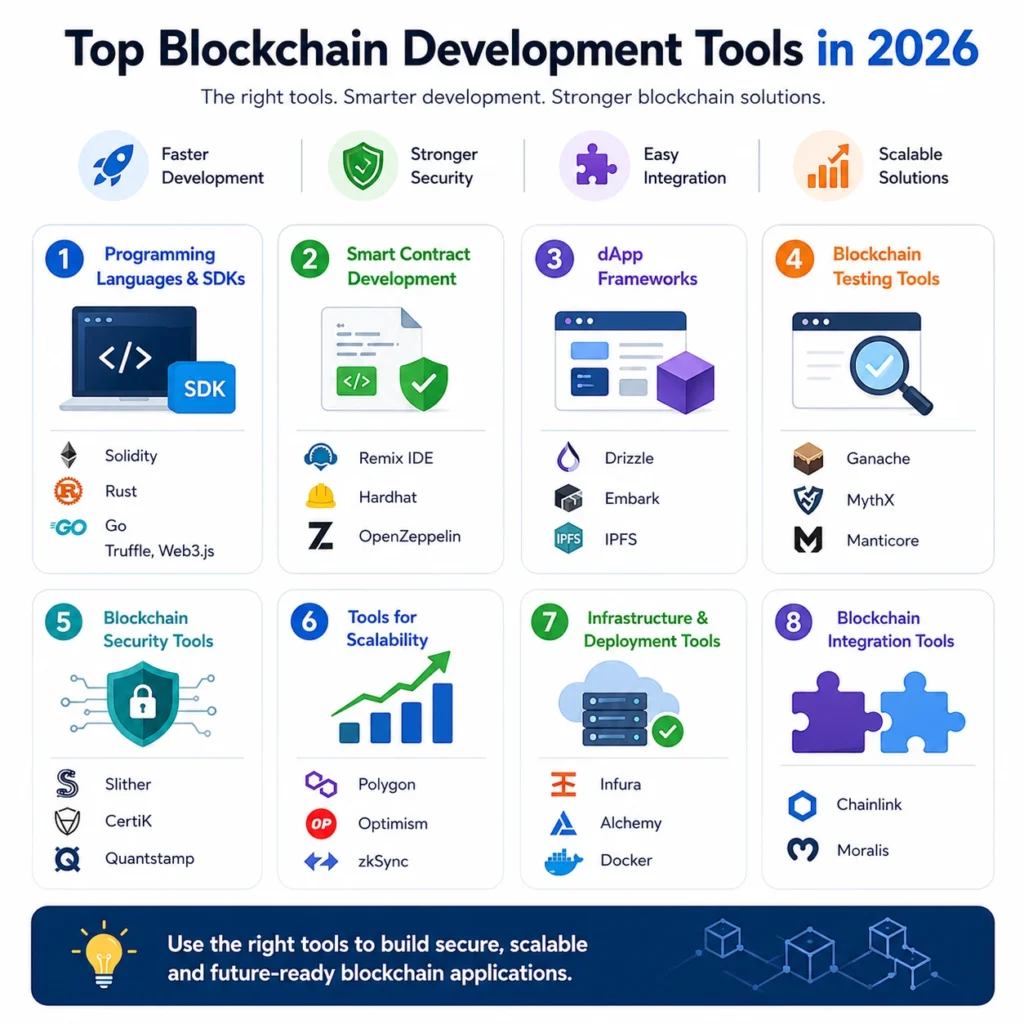 Infographic showing top blockchain development tools in 2026 including Solidity, Hardhat, Remix IDE, IPFS, Polygon, Infura, Chainlink, Moralis, and blockchain security tools