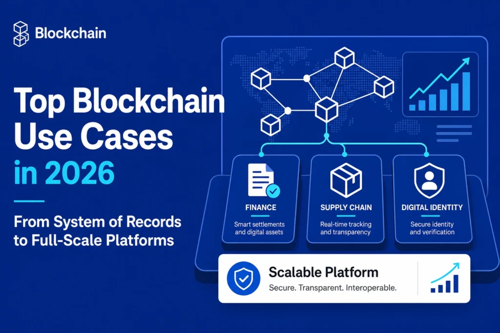 Top blockchain use cases in 2026 showing finance, supply chain, digital identity, and scalable blockchain platform solutions