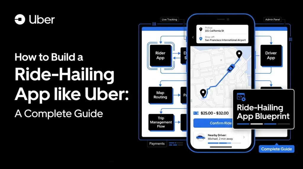 Uber-like ride-hailing app development featured image showing rider app, driver app, admin panel, live tracking, map routing, pickup and drop-off flow, fare estimate, trip management, payment flow, nearby driver matching, and ride-hailing app blueprint.