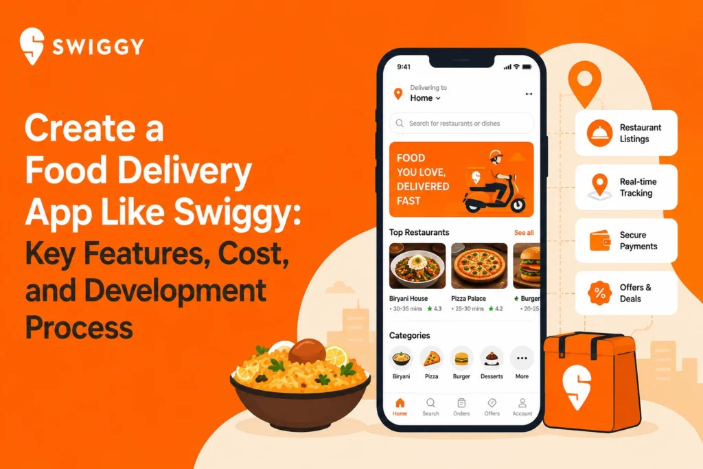 Illustration of a Swiggy-like food delivery mobile app with delivery features, restaurant listings, real-time tracking, and development process elements.