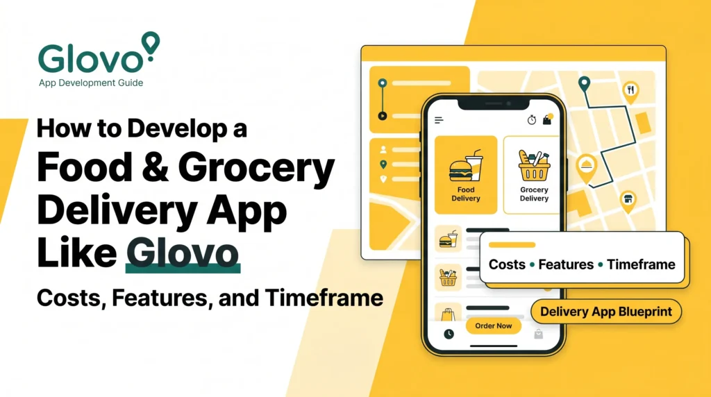 Glovo app development banner showing a food and grocery delivery mobile app with map tracking, delivery categories, costs, features, timeframe, and delivery app blueprint.