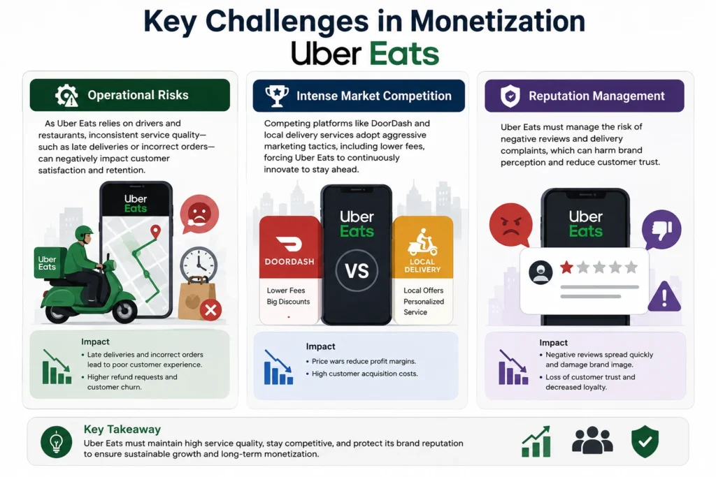 Unpacking Uber Eats Monetization Model: How Delivery Apps Turn Orders into Profits 2 Infographic explaining key monetization challenges for Uber Eats including operational risks, market competition, and reputation management.
