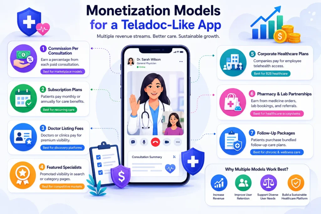 How to Build an App Like Teladoc: Online Doctor Consultation App Guide 2 Teladoc-like app monetization models infographic showing commission, subscription plans, doctor listing fees, featured specialists, corporate healthcare, pharmacy partnerships, and follow-up packages