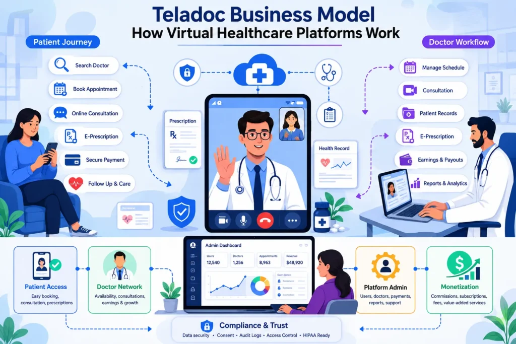 How to Build an App Like Teladoc: Online Doctor Consultation App Guide 1 Teladoc business model infographic showing patient journey, doctor workflow, admin dashboard, compliance, monetization, and virtual consultation process