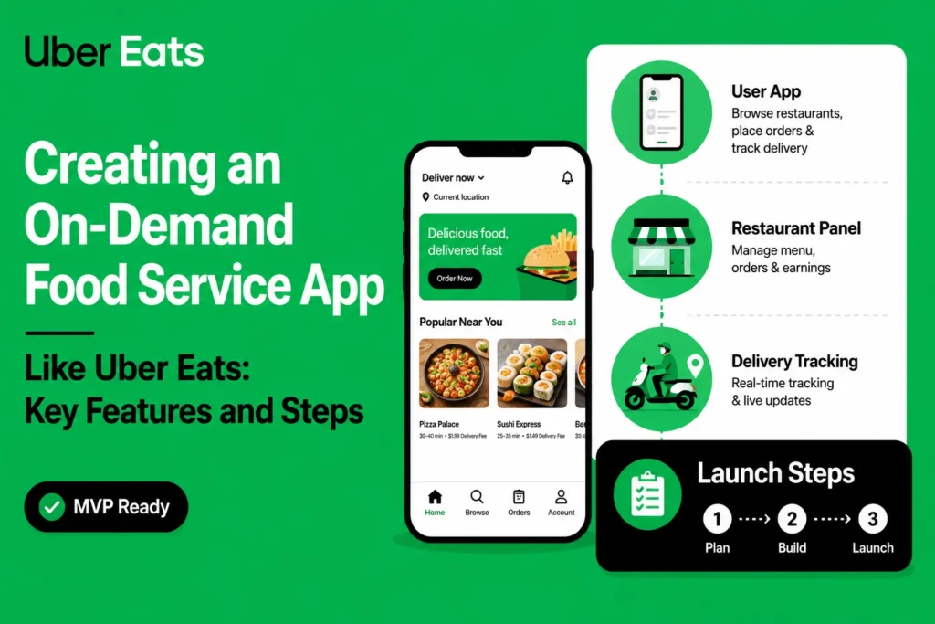 Uber Eats-style food delivery app infographic showing user app, restaurant panel, delivery tracking, launch steps, and mobile food ordering interface.