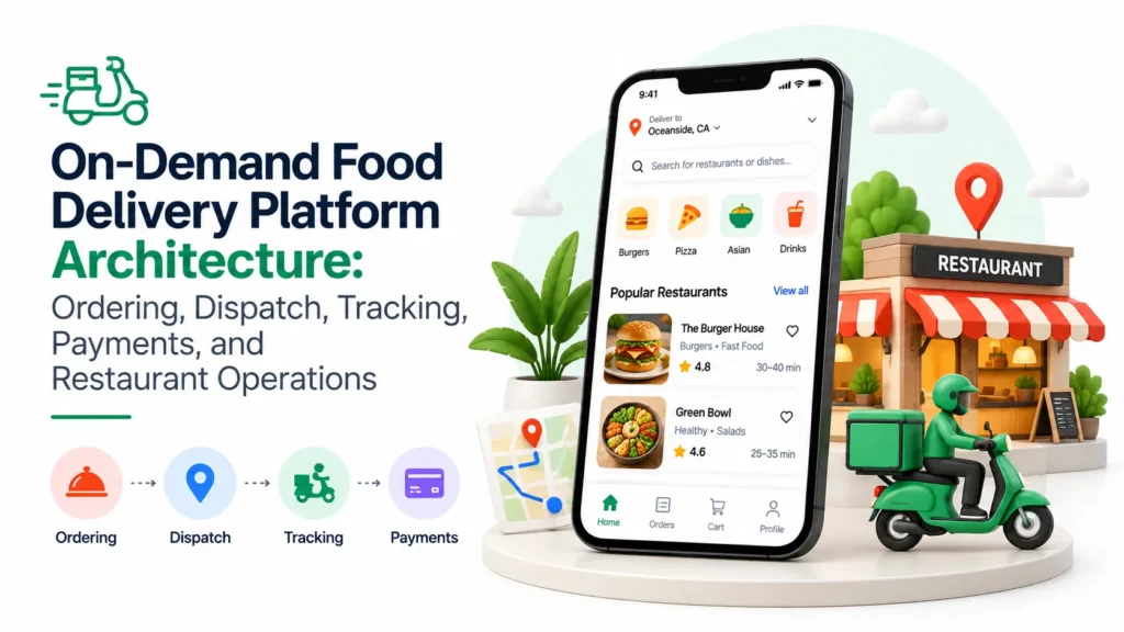 On-demand food delivery platform architecture showing ordering, dispatch, tracking, payments, restaurant operations, and rider delivery.