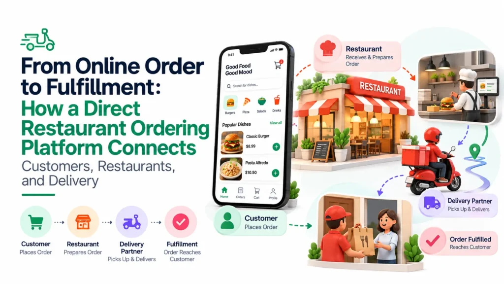 Direct restaurant ordering workflow connecting customer order placement, restaurant preparation, delivery partner pickup, and final order fulfillment.