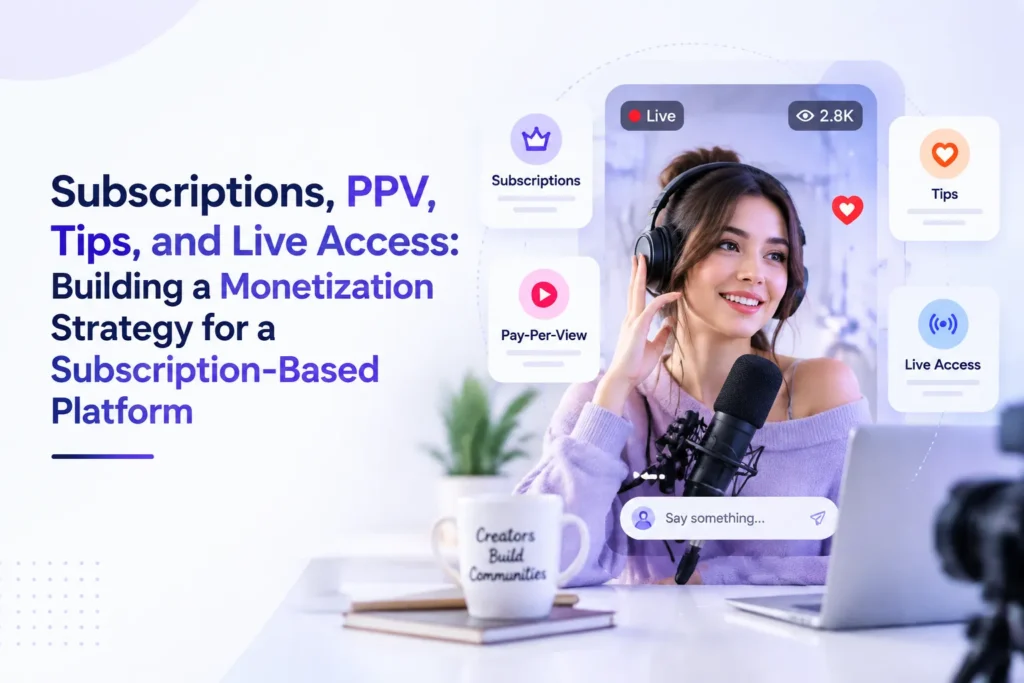 Subscription-based platform monetization strategy showing subscriptions, PPV content, tips, live access, and creator revenue models.