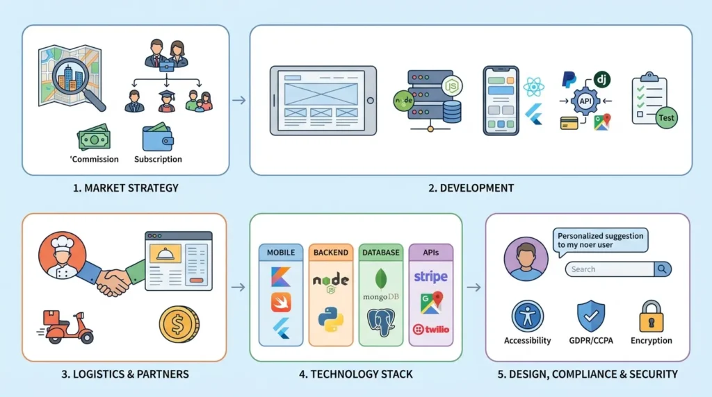 UberEats app development infographic showing step-by-step process with market strategy, commission and subscription model, app development, mobile backend, databases, APIs, logistics partners, restaurant onboarding, delivery workflow, technology stack, compliance, accessibility, encryption, GDPR and CCPA security.