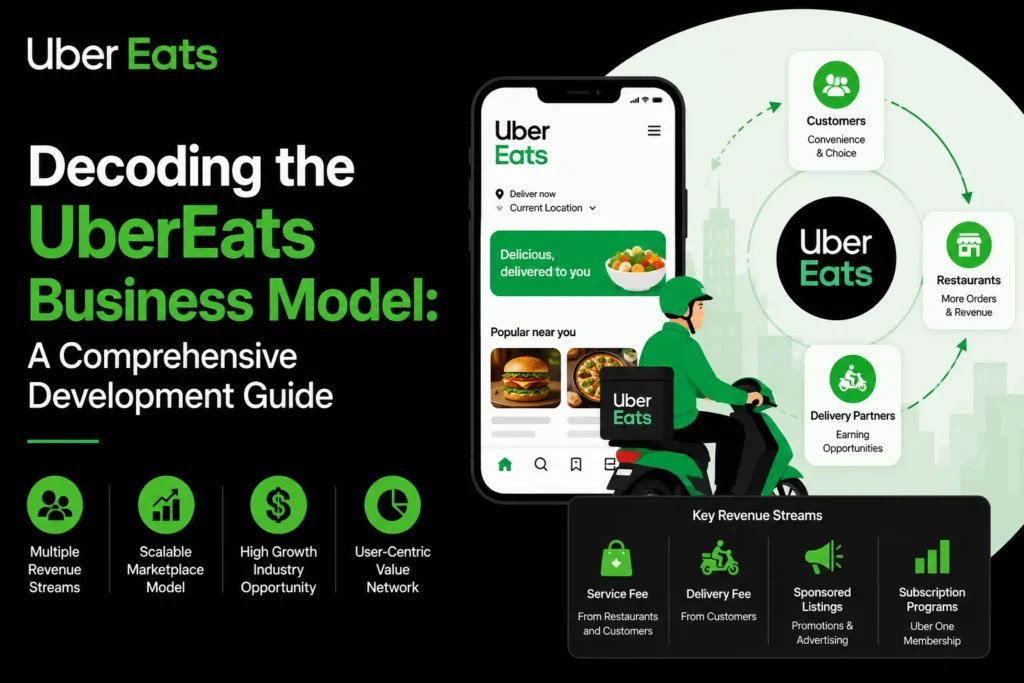 Uber Eats business model infographic showing the app, delivery partner, customers, restaurants, and key revenue streams.