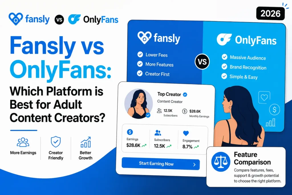 Fansly and OnlyFans comparison graphic highlighting creator earnings, features, audience reach, and monetization options.