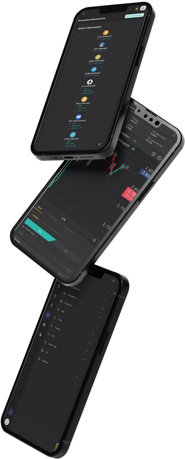 Crypto Exchange App UI Display – Three Screens