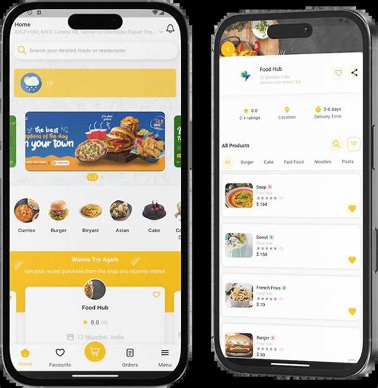 DoorDash Clone app screens showing food search, cuisine categories, promotional banner and a restaurant menu with dish prices and add-to-cart controls