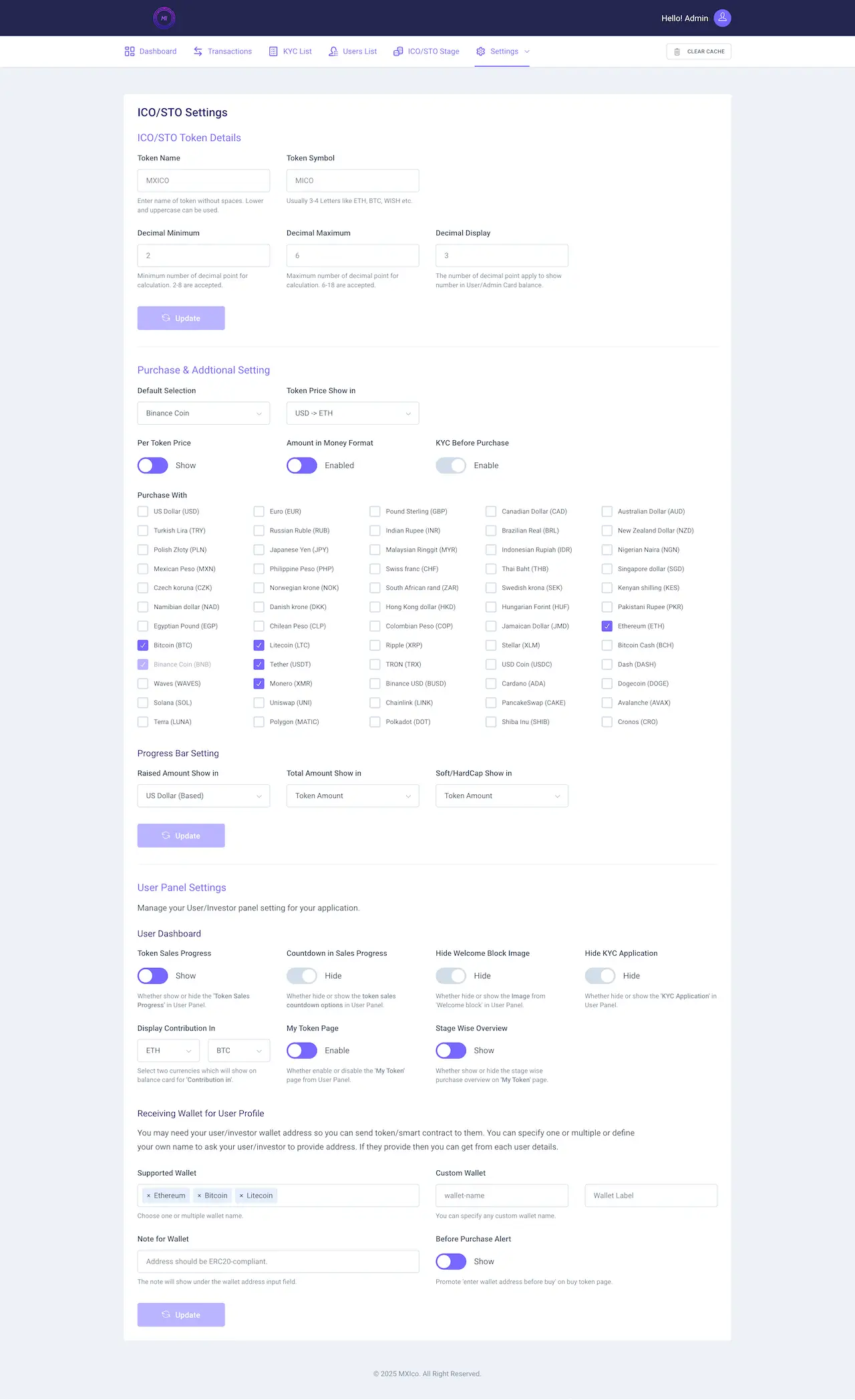 ICO Launchpad 23 ICO Launchpad Clone admin ICO/STO settings with token details, purchase currencies, progress bar options, investor panel switches and receiving wallet settings.