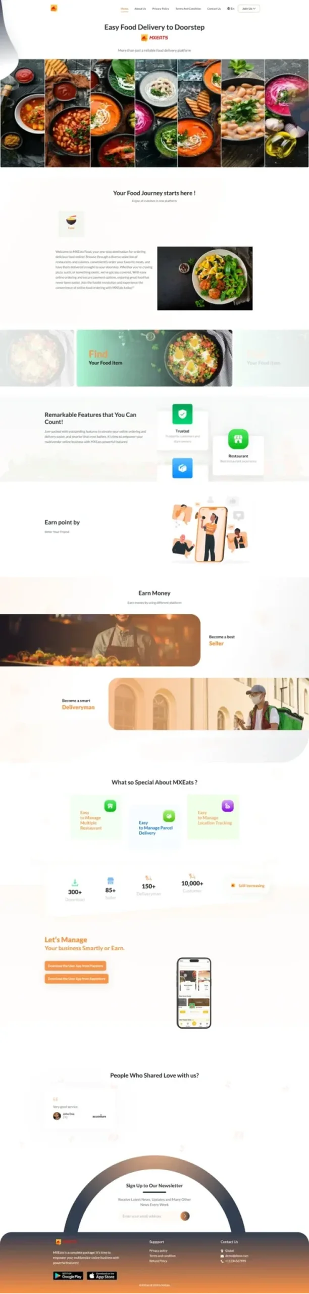 DoorDash Clone web storefront landing page with a food journey headline, restaurant search, referral points, and sign-up sections for sellers and delivery partners.