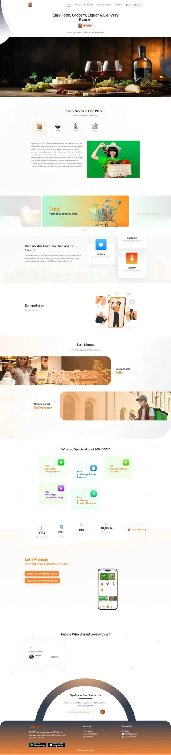 Swiggy Clone web storefront landing page with Grocery, Food, Liquor and Parcel modules, a features block and a become-a-seller section.