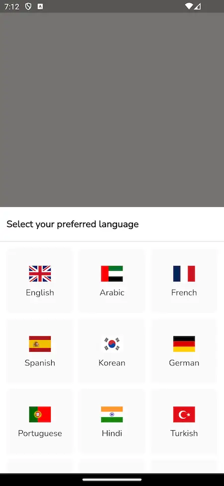 Gojek Clone Mobile App Select Language Screen.