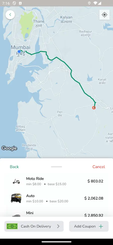 Gojek Clone Mobile App Ride Location map Screen.