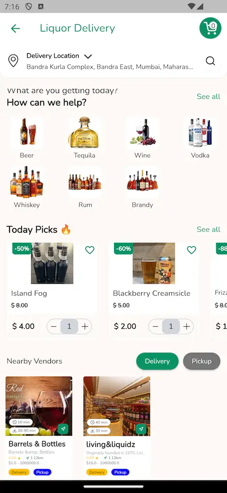 Gojek Clone Mobile App Liquor Delivery Screen.