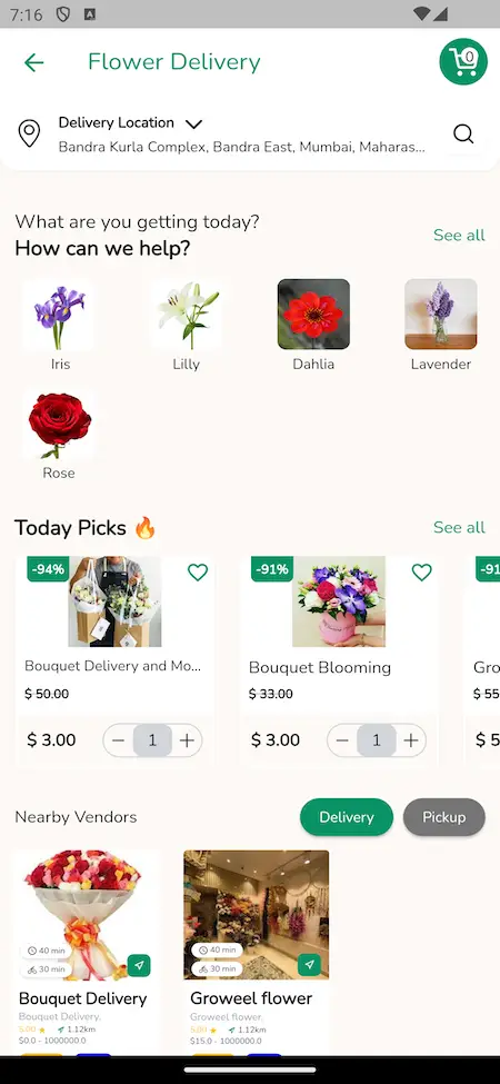 Gojek Clone Mobile App Flower Delivery Screen.