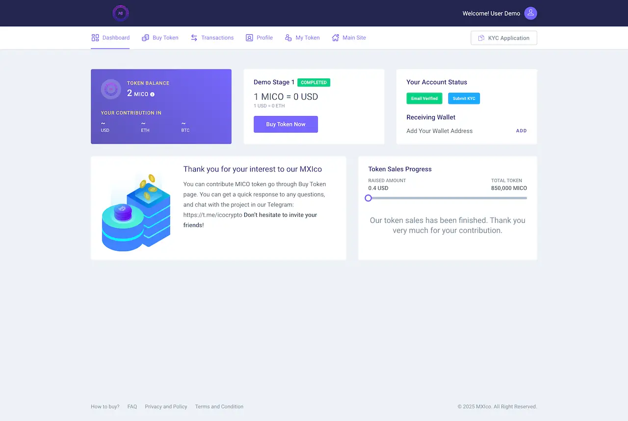 ICO Launchpad 20 ICO Launchpad Clone investor dashboard on desktop with token balance, a completed Demo Stage 1, account status and a token sales progress bar.