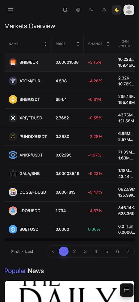 Crypto Exchange Script UI Screen – Market Overview