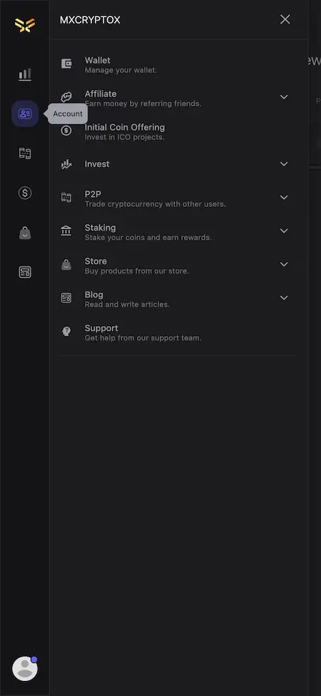 Crypto Exchange Script Dashboard Navigation Panel