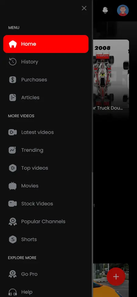 youtube Clone home page menu UI Screen.