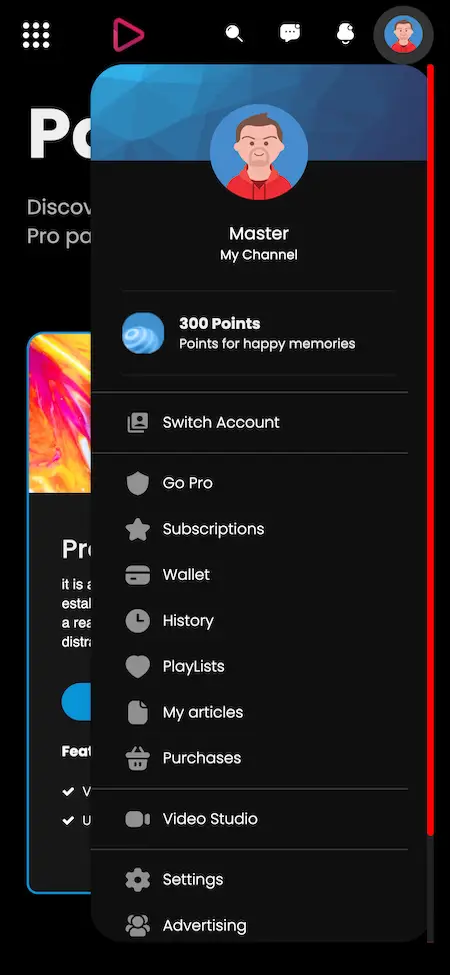 youtube Clone my channel Menu Screen.