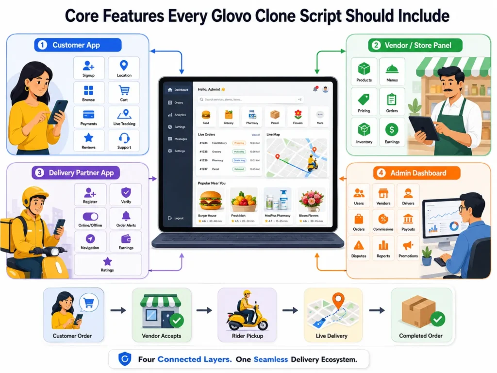 Best Glovo Clone Script in 2026: Features & Pricing Compared 1 Glovo clone script architecture featuring customer app, vendor panel, delivery partner app, and admin dashboard
