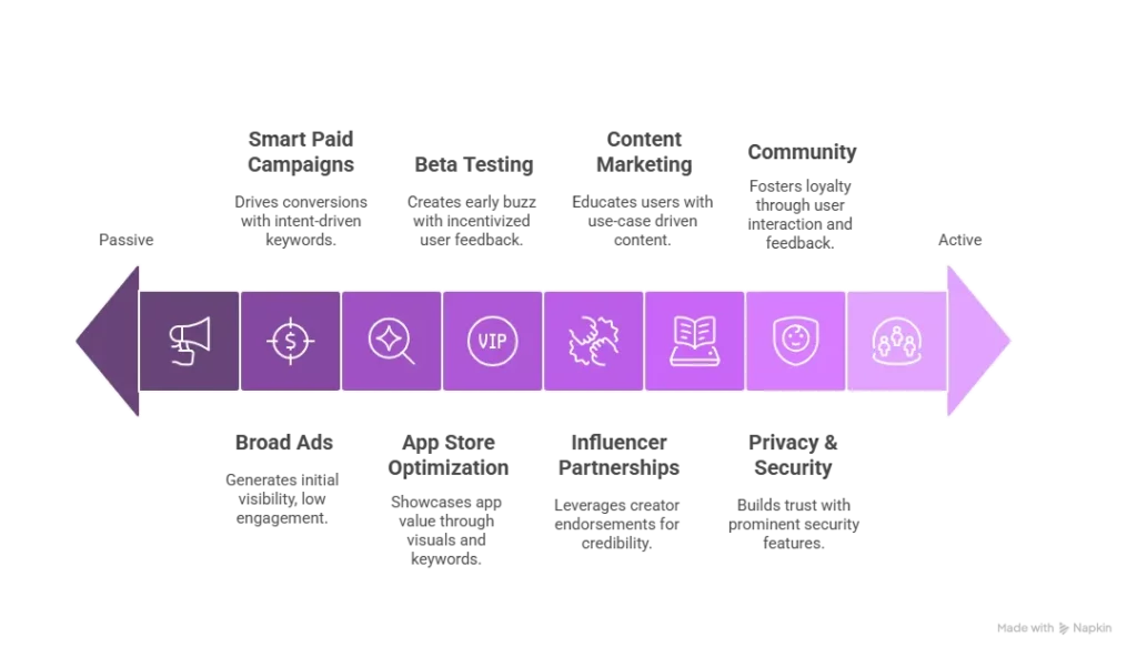 Infographic summarizing key marketing strategies for a file transfer app after launch