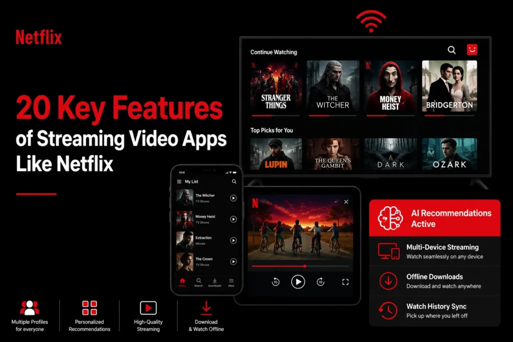 Netflix-style streaming app features infographic showing AI recommendations, offline downloads, multi-device streaming, personalized content, and watch history sync.