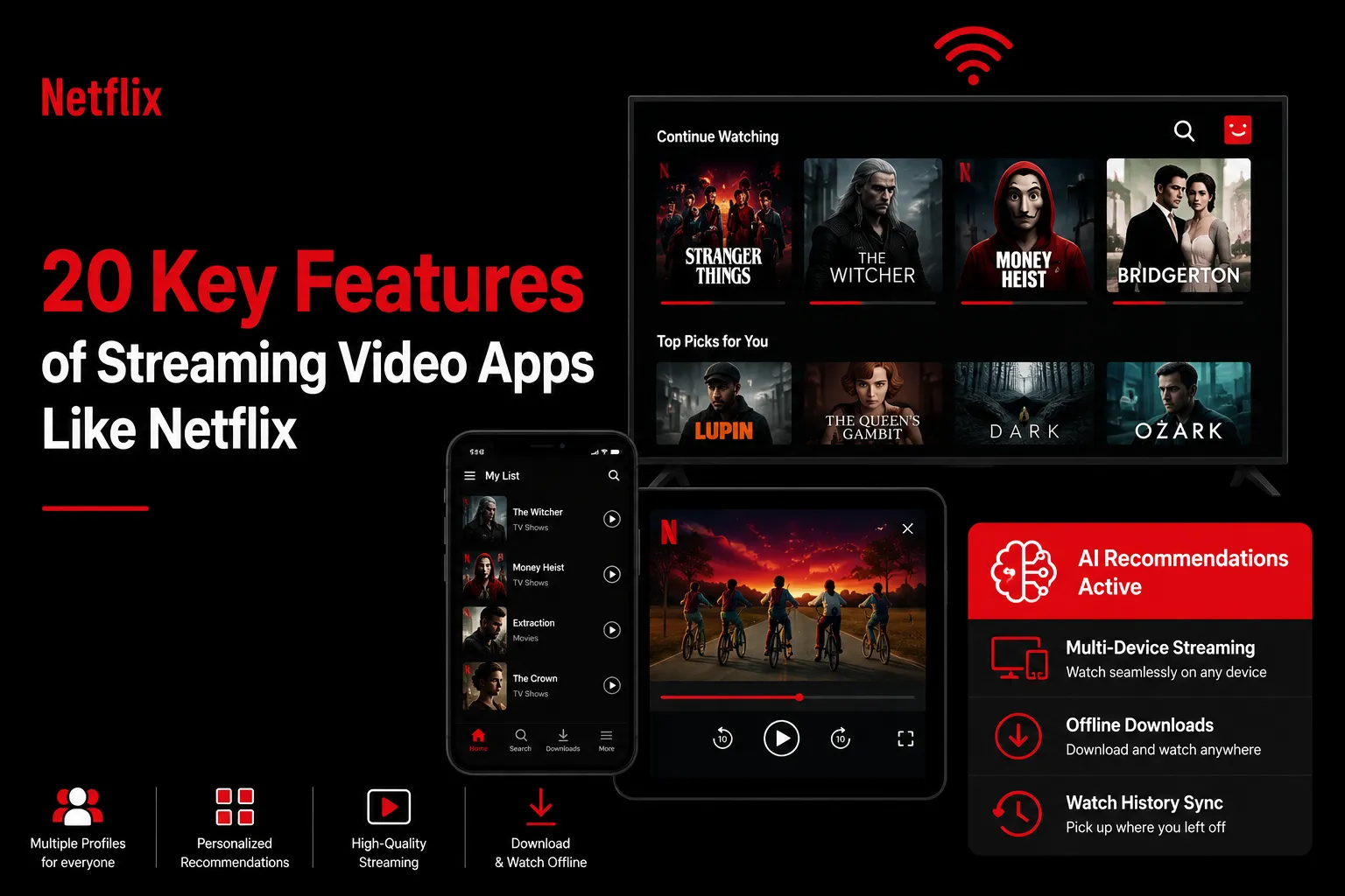 Netflix-style streaming app features infographic showing AI recommendations, offline downloads, multi-device streaming, personalized content, and watch history sync.