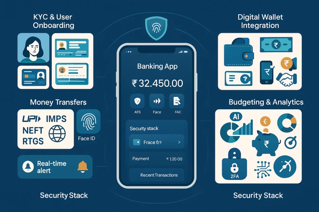 Illustration of a digital banking app showing KYC onboarding, wallet integration, money transfers, budgeting analytics, and security features