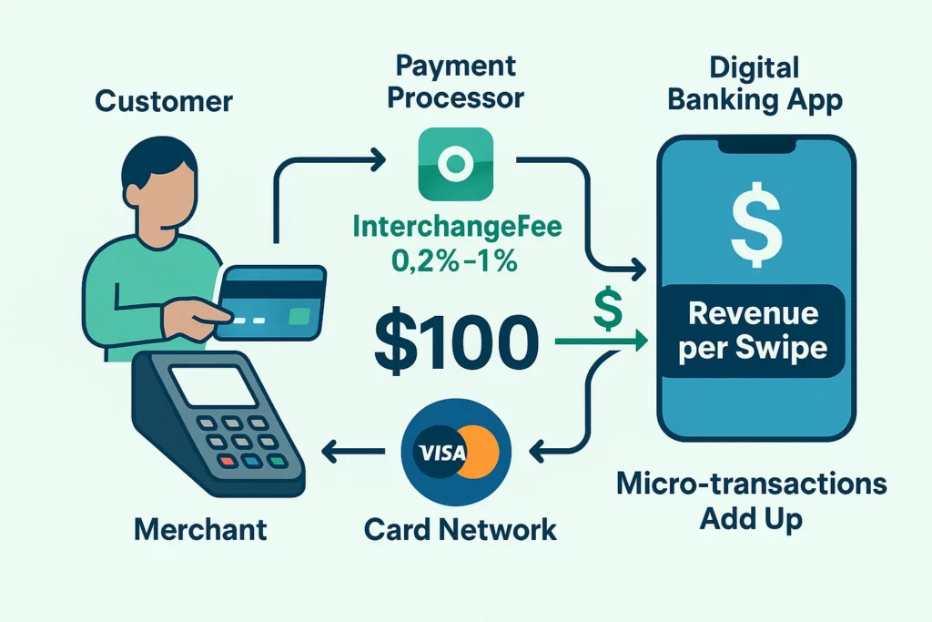 Infographic showing the revenue breakdown from a debit card swipe in a digital banking app transaction
