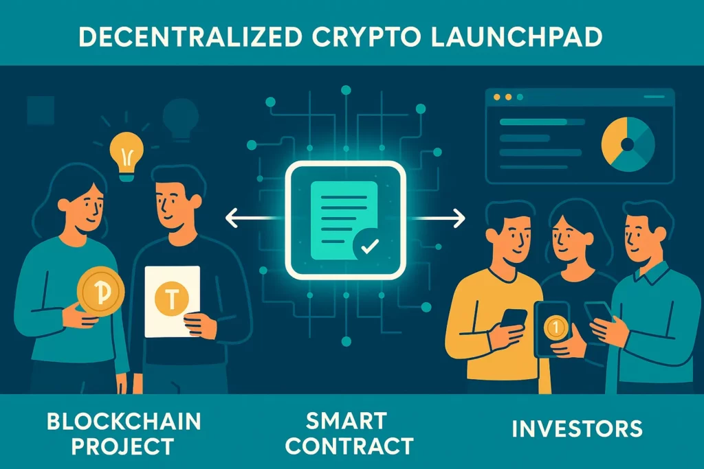 Infographic showing how a Decentralized crypto launchpad connects blockchain projects and investors via smart contracts