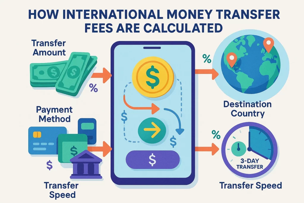 Infographic showing smartphone with transaction in progress, surrounded by icons for transfer amount, destination country, payment method, and International Money Transfer 
