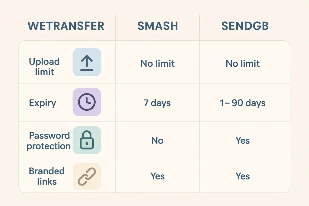 Infographic comparing file transfer service features of WeTransfer, Smash, and SendGB