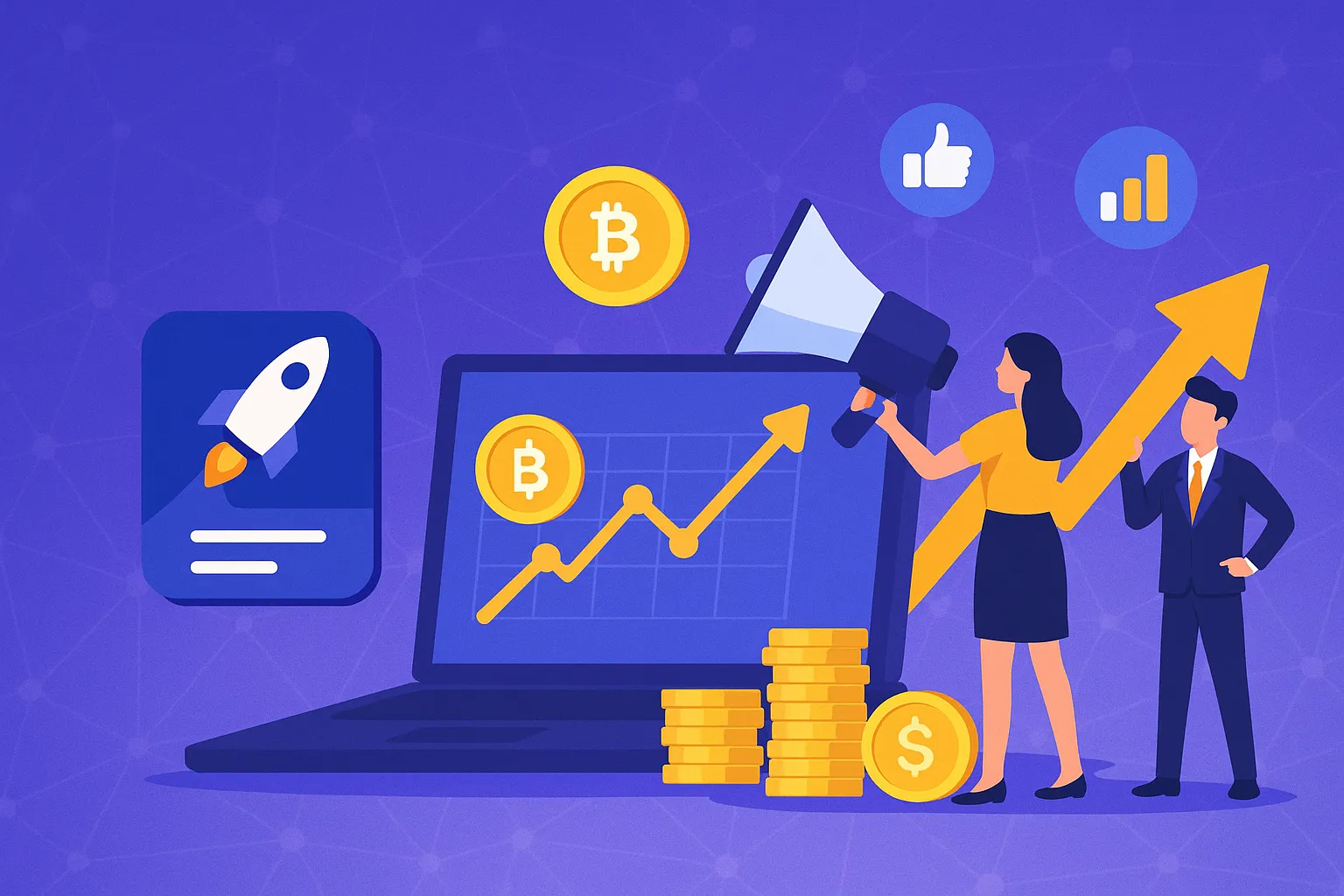 Marketing strategies for a decentralized crypto launchpad app with visual elements like growth charts, crypto icons, and community interaction